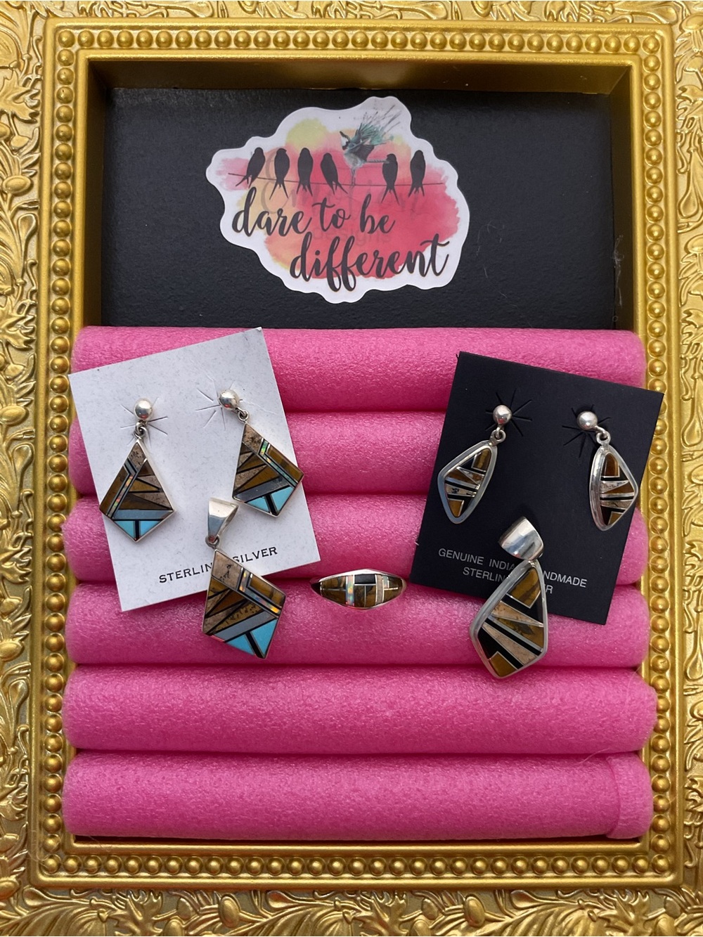 Vintage Native American Artistry  Multi-stone Inlay Sterling Silver 2Sets/1Ring